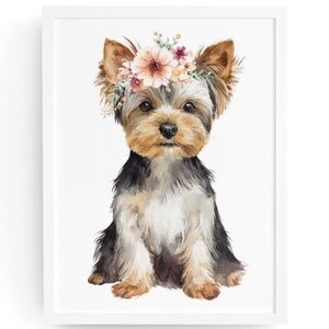 Yorkshire Dog with Flowers Portrait Art Print – Unframed Fine Art Poster